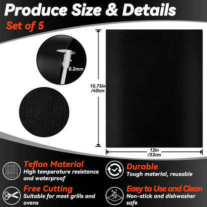 RAINFLOW Grill Mats for Outdoor Grill - Set of 5 Grilling Mats for Gas Teflon Non-Stick BBQ Accessories on Gas Charcoal and Electric 15.75 x 13 Inch, Black - CookCave