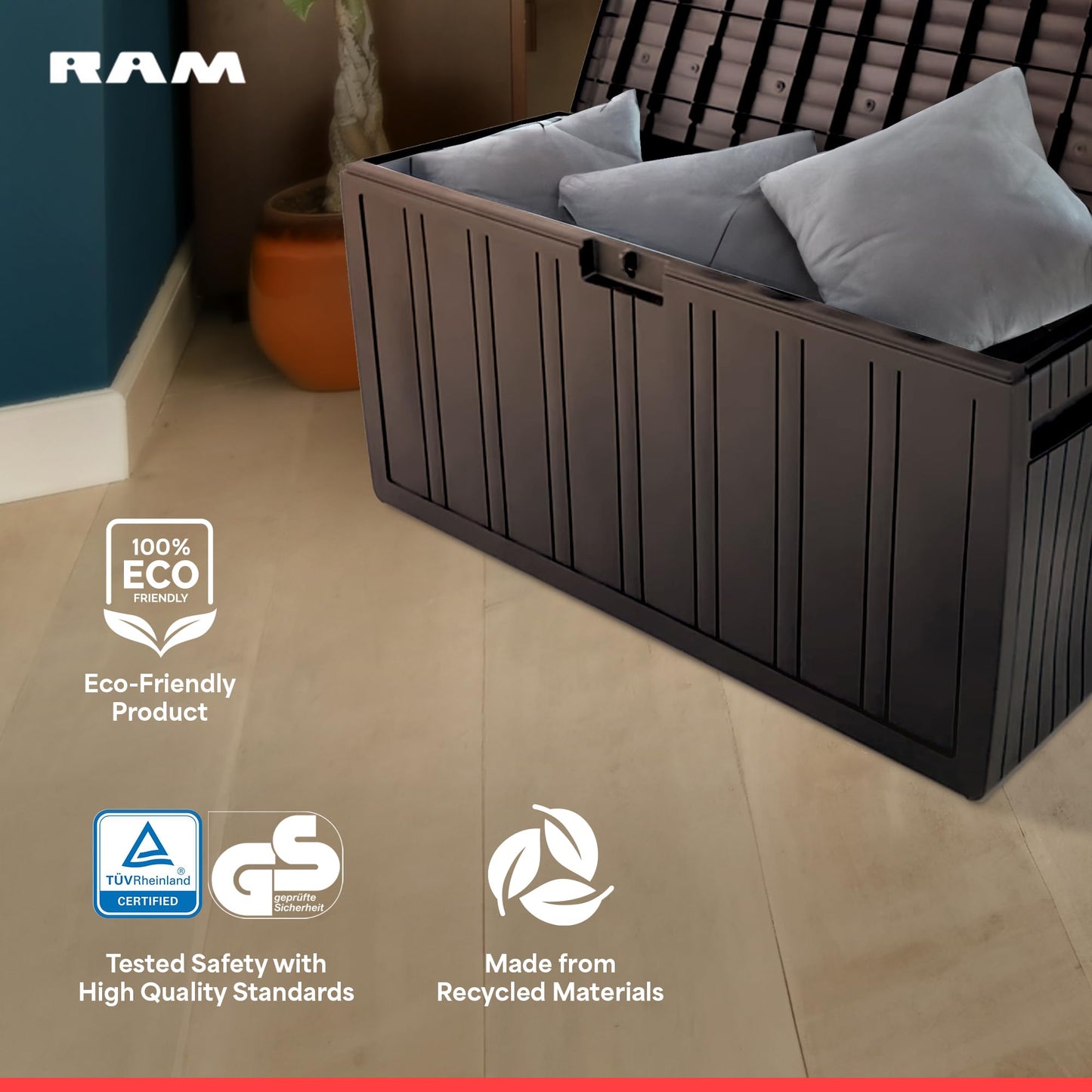 Ram Quality Products 71 Gallon Plastic Outdoor Backyard Storage Bin Deck Box for Patio Furniture Cushions,Tools, and Pool Accessories, Brown - CookCave