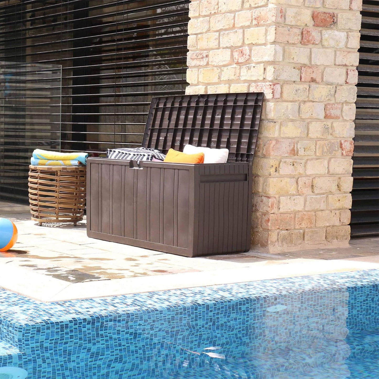 Ram Quality Products 71 Gallon Plastic Outdoor Backyard Storage Bin Deck Box for Patio Furniture Cushions,Tools, and Pool Accessories, Brown - CookCave