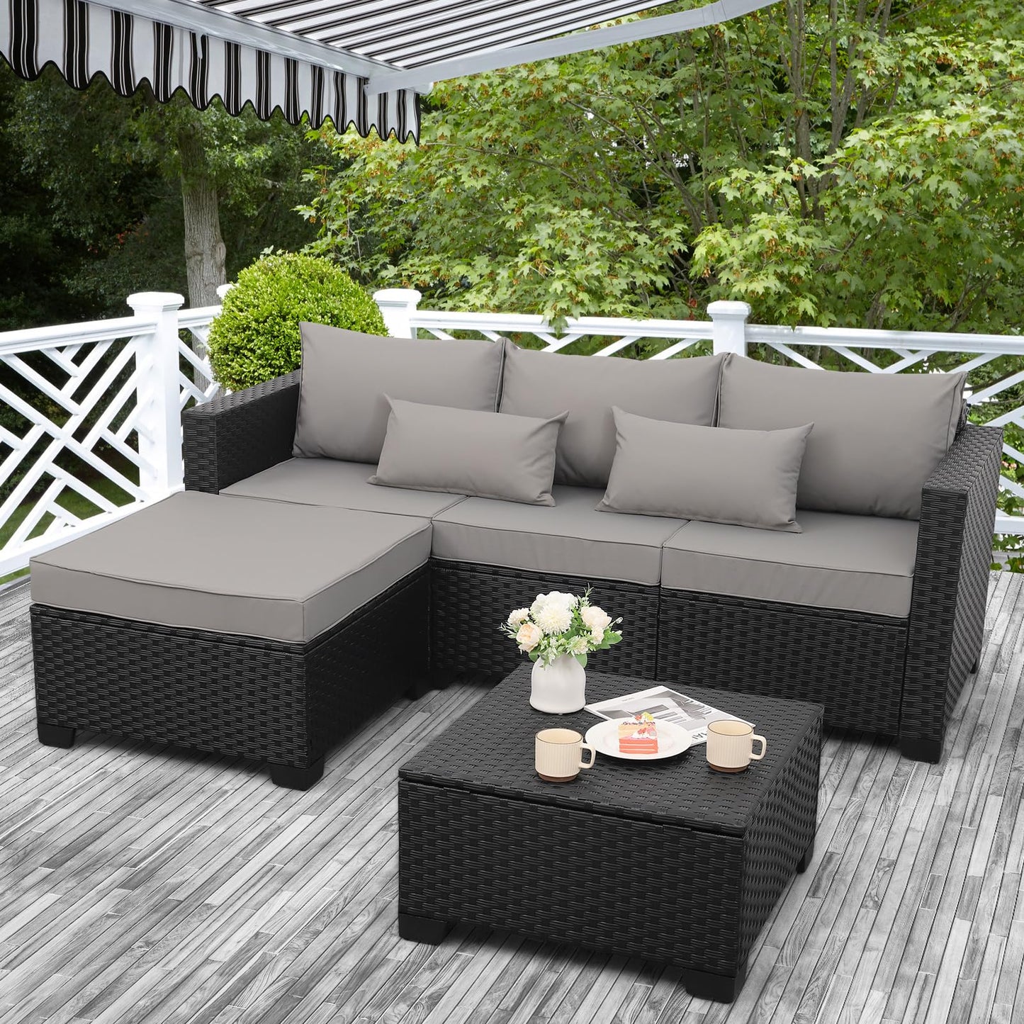 Rattaner 3 Pieces Patio Furniture Set Outdoor Sectional Wicker Patio Furniture Patio Couch with Ottoman and Outdoor Storage Table All-Weather Anti-Slip Cushions Waterproof Covers, Light Grey - CookCave