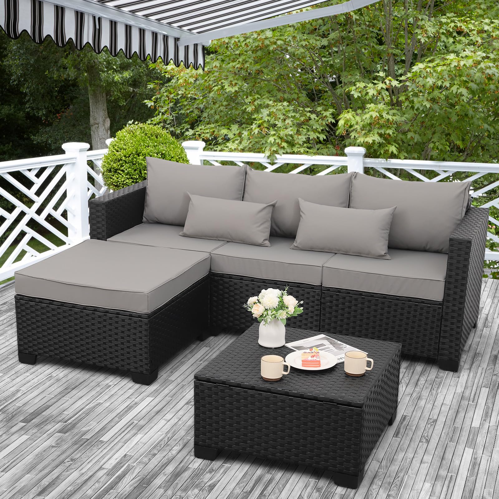 Rattaner 3 Pieces Patio Furniture Set Outdoor Sectional Wicker Patio Furniture Patio Couch with Ottoman and Outdoor Storage Table All-Weather Anti-Slip Cushions Waterproof Covers, Light Grey - CookCave