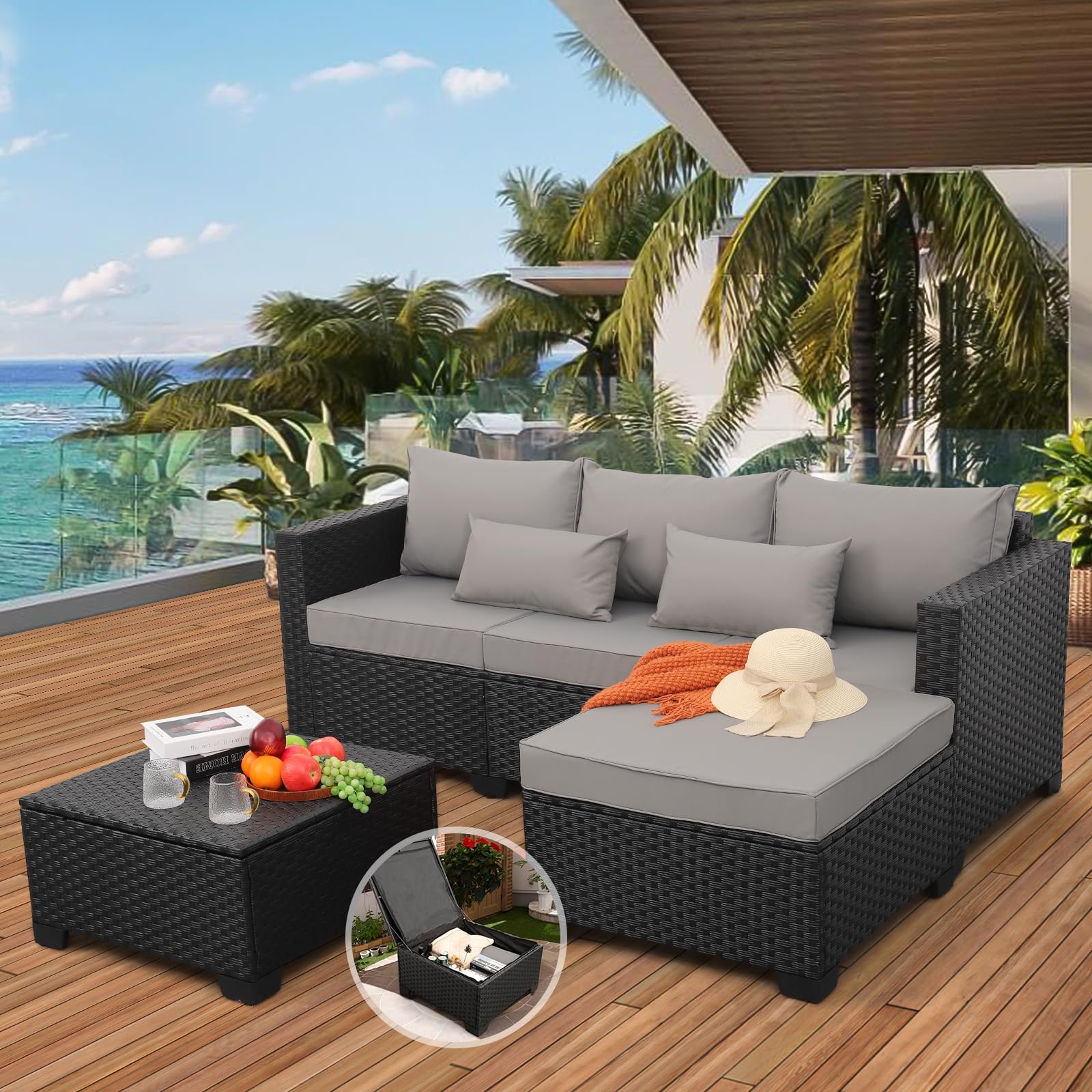 Rattaner 3 Pieces Patio Furniture Set Outdoor Sectional Wicker Patio Furniture Patio Couch with Ottoman and Outdoor Storage Table All-Weather Anti-Slip Cushions Waterproof Covers, Light Grey - CookCave