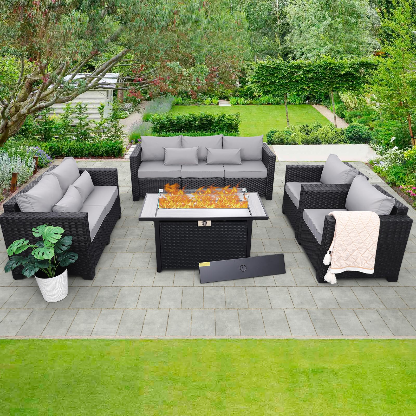 Rattaner 5 Pcs Outdoor Furniture Sets Patio Furniture Set with 45" Fire Pit Patio Couch Outdoor Chairs 60000 BTU Steel Propane Fire Pit Table No-Slip Cushions and Waterproof Covers, Light Grey - CookCave