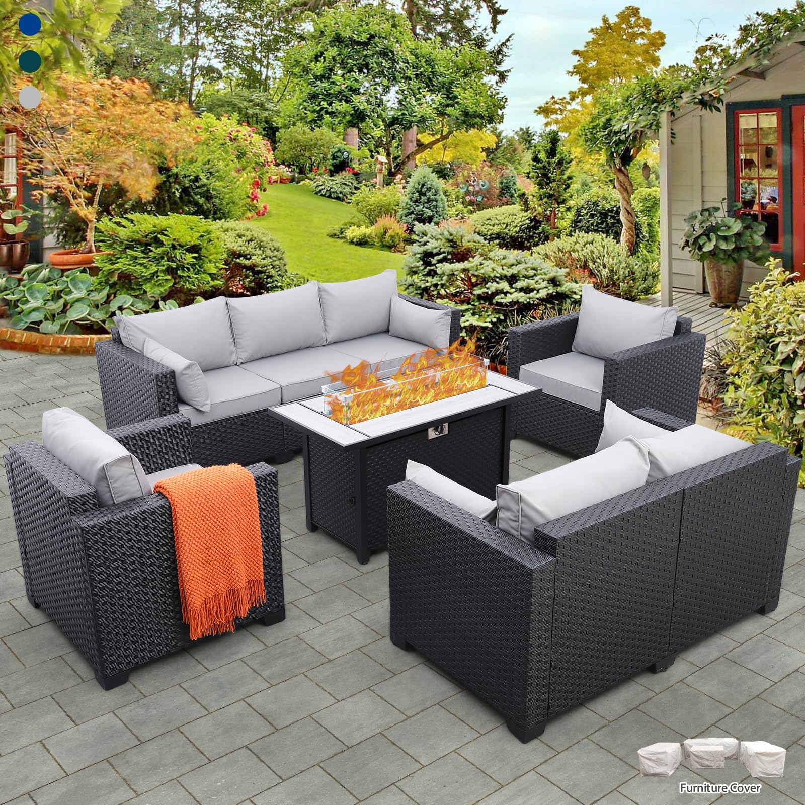 Rattaner 5 Pcs Outdoor Furniture Sets Patio Furniture Set with 45" Fire Pit Patio Couch Outdoor Chairs 60000 BTU Steel Propane Fire Pit Table No-Slip Cushions and Waterproof Covers, Light Grey - CookCave