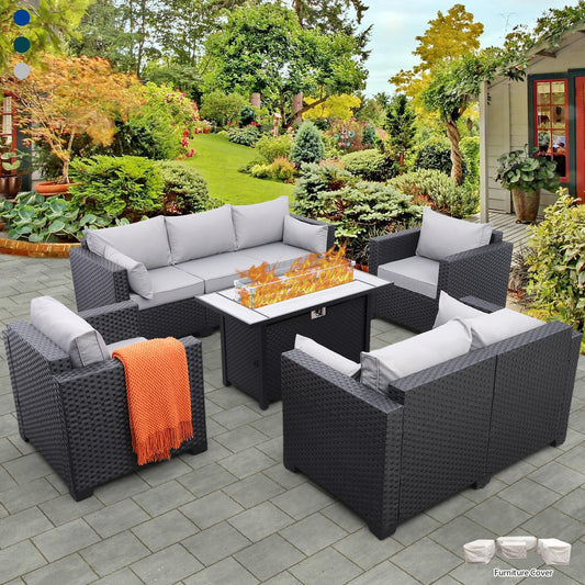 Rattaner 5 Pcs Outdoor Furniture Sets Patio Furniture Set with 45" Fire Pit Patio Couch Outdoor Chairs 60000 BTU Steel Propane Fire Pit Table No-Slip Cushions and Waterproof Covers, Light Grey - CookCave
