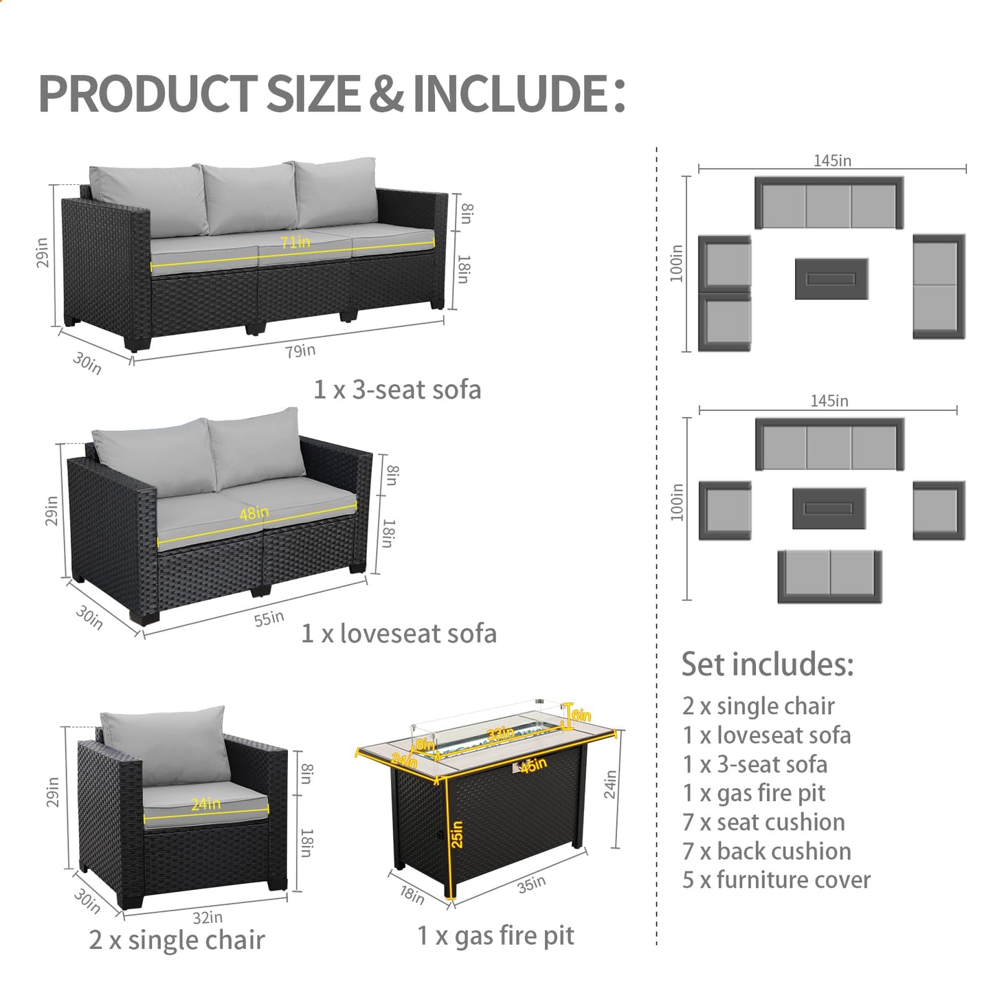 Rattaner 5 Pcs Outdoor Furniture Sets Patio Furniture Set with 45" Fire Pit Patio Couch Outdoor Chairs 60000 BTU Steel Propane Fire Pit Table No-Slip Cushions and Waterproof Covers, Light Grey - CookCave