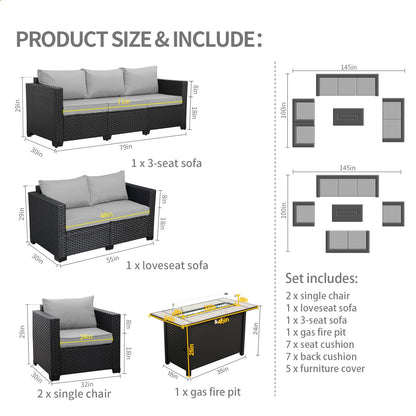 Rattaner 5 Pcs Outdoor Furniture Sets Patio Furniture Set with 45" Fire Pit Patio Couch Outdoor Chairs 60000 BTU Steel Propane Fire Pit Table No-Slip Cushions and Waterproof Covers, Light Grey - CookCave