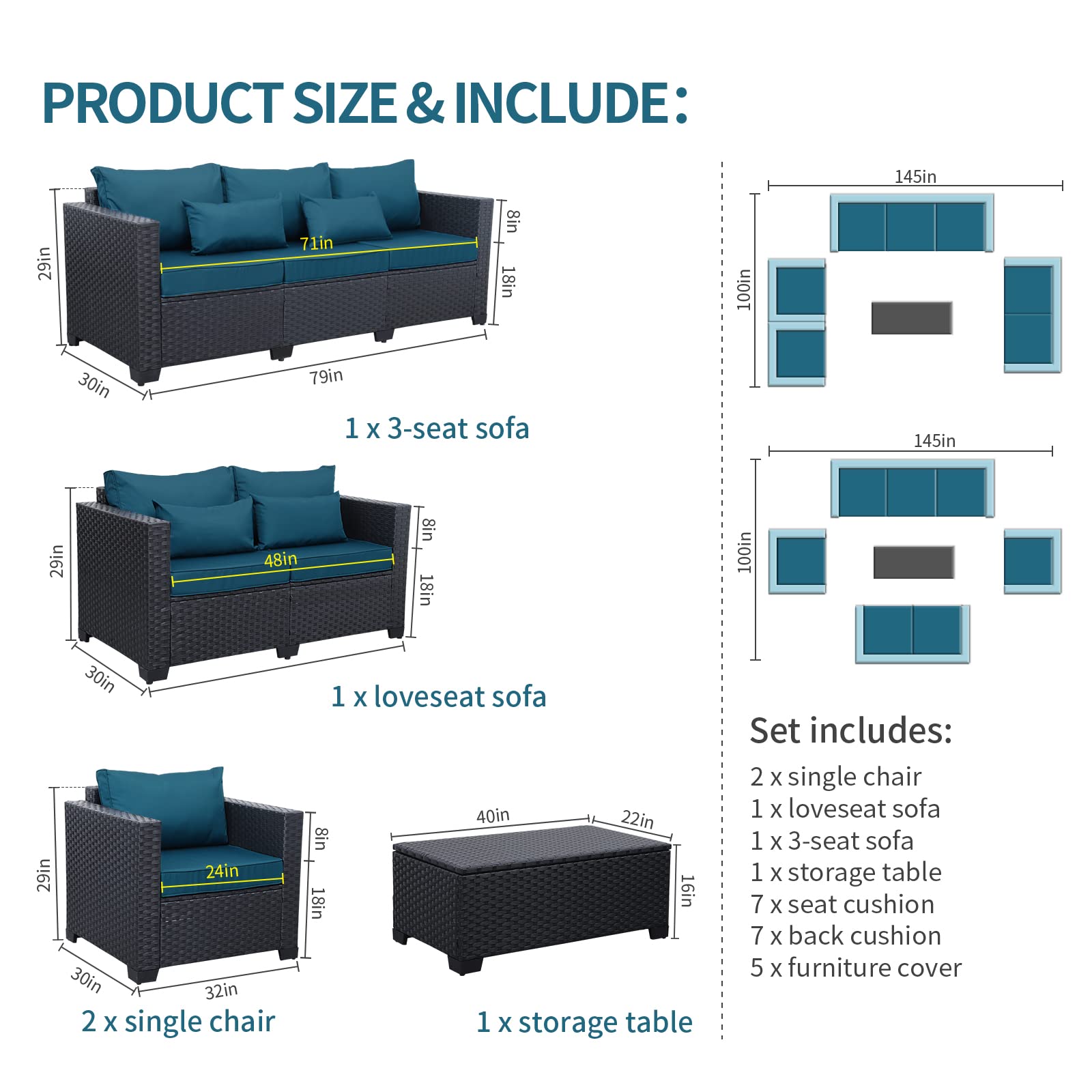 Rattaner Patio Furniture Set 5 Pieces Outdoor Furniture Sets Patio Couch Outdoor Chairs Coffee Table Peacock Blue Anti-Slip Cushions and Waterproof Covers - CookCave