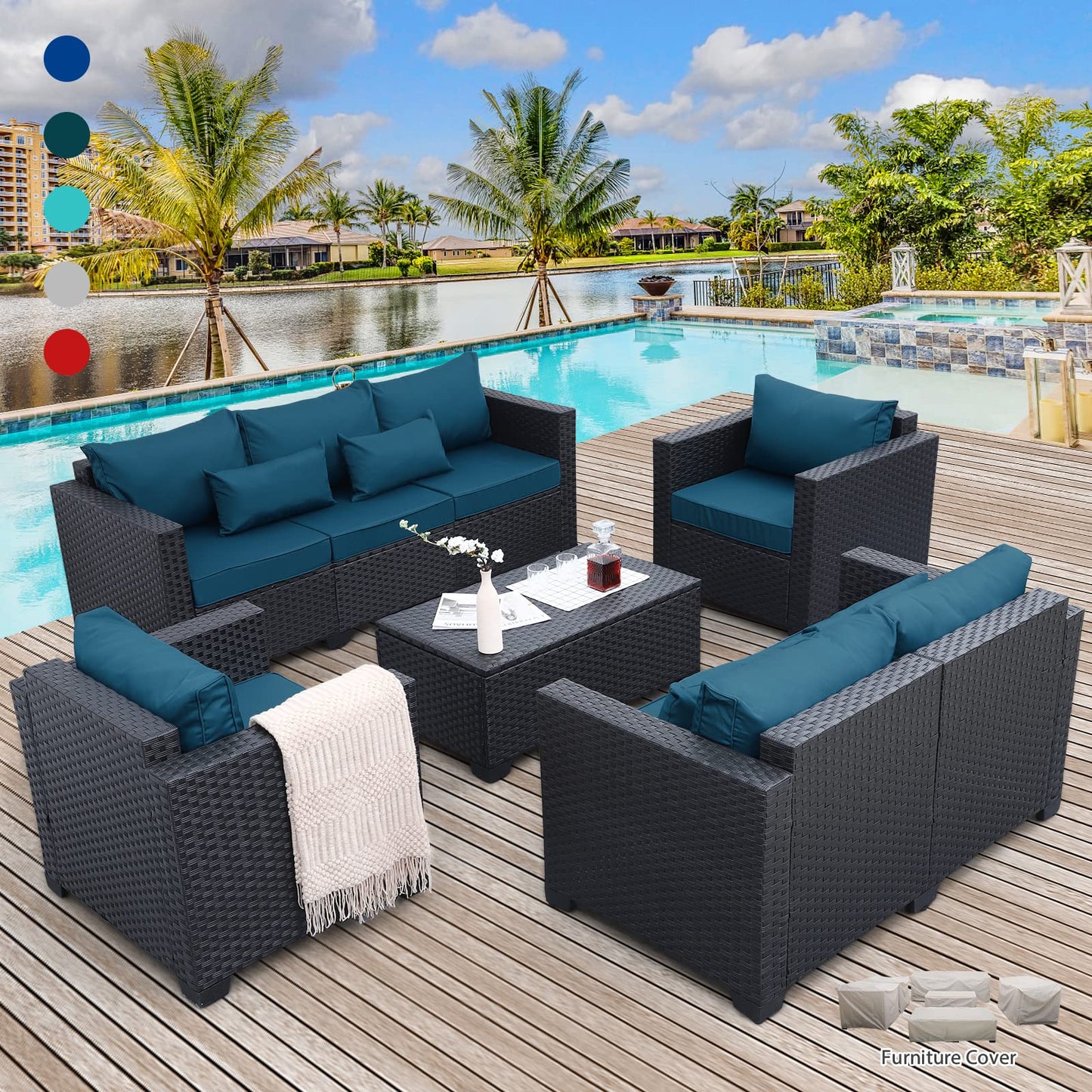 Rattaner Patio Furniture Set 5 Pieces Outdoor Furniture Sets Patio Couch Outdoor Chairs Coffee Table Peacock Blue Anti-Slip Cushions and Waterproof Covers - CookCave