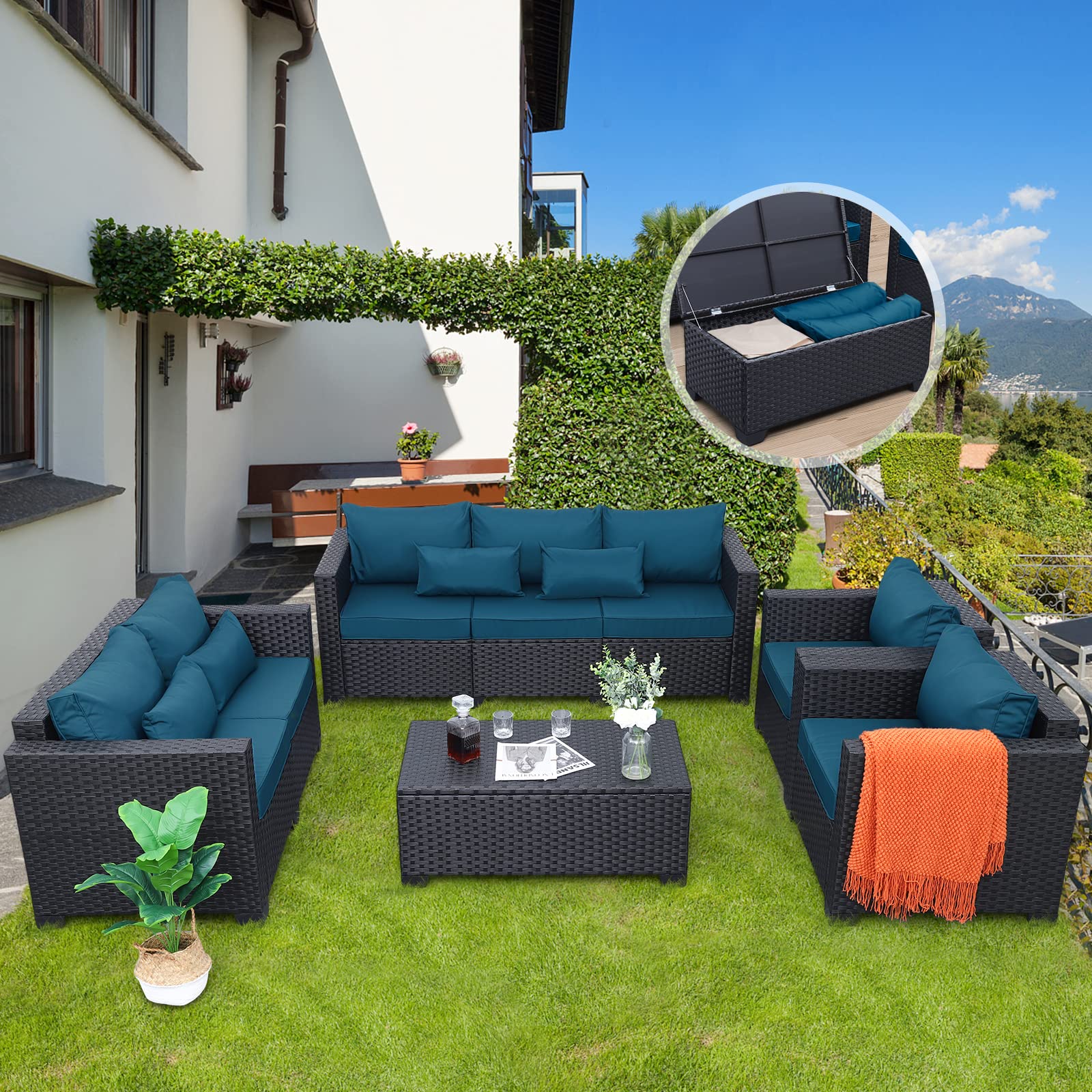 Rattaner Patio Furniture Set 5 Pieces Outdoor Furniture Sets Patio Couch Outdoor Chairs Coffee Table Peacock Blue Anti-Slip Cushions and Waterproof Covers - CookCave