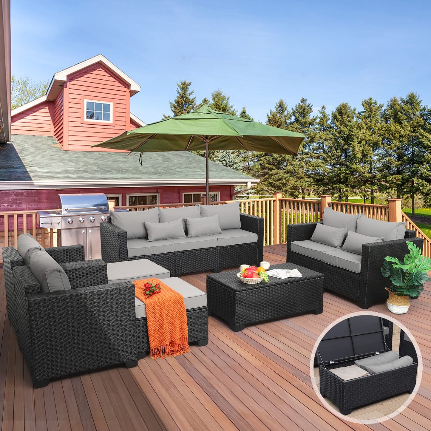 Rattaner Patio Furniture Sets 7 Pieces Outdoor Furniture Sectional Patio Couches Set with Storage Table Light Grey Cushions - CookCave
