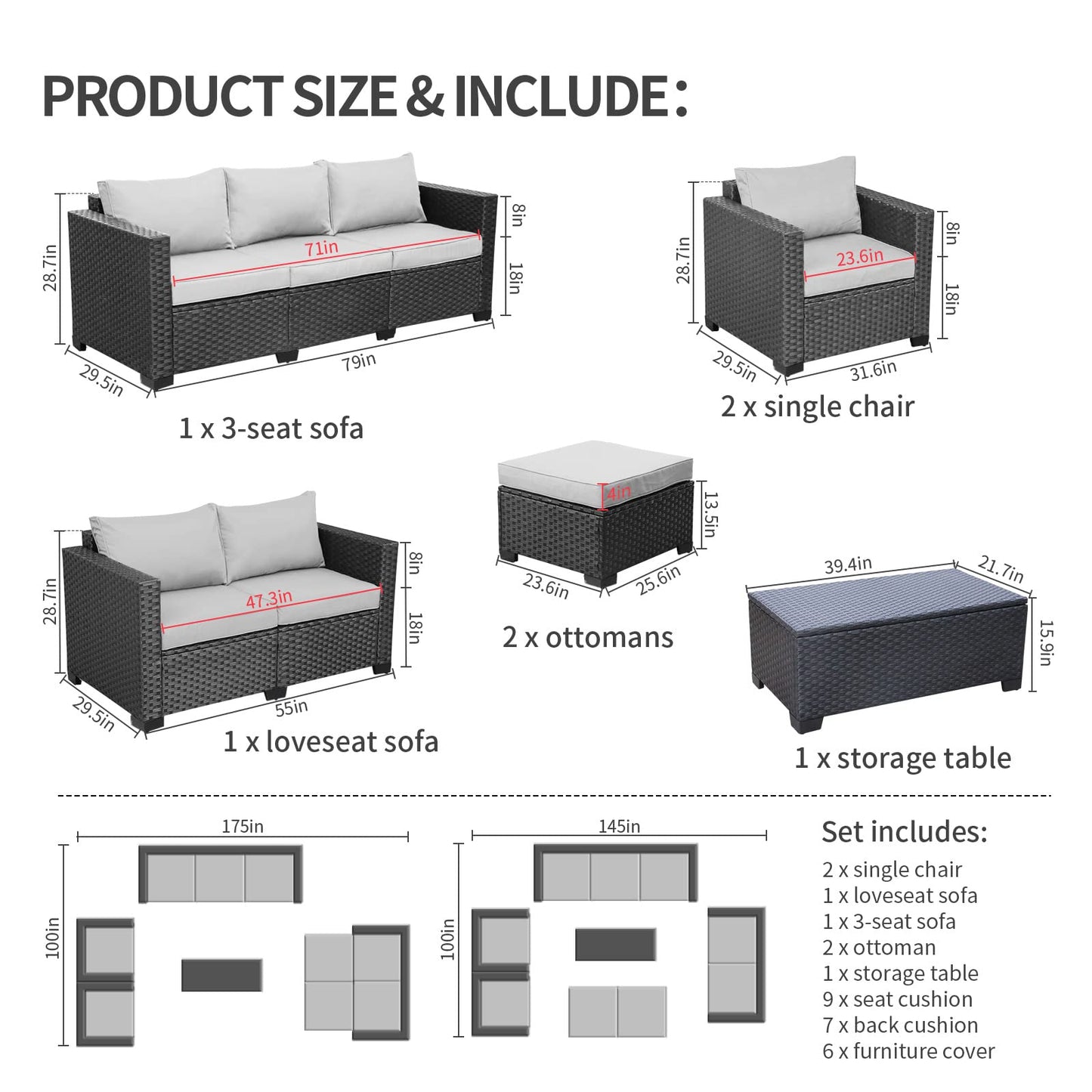 Rattaner Patio Furniture Sets 7 Pieces Outdoor Furniture Sectional Patio Couches Set with Storage Table Light Grey Cushions - CookCave