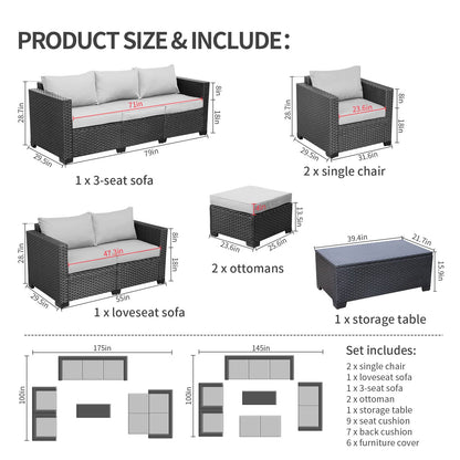 Rattaner Patio Furniture Sets 7 Pieces Outdoor Furniture Sectional Patio Couches Set with Storage Table Light Grey Cushions - CookCave