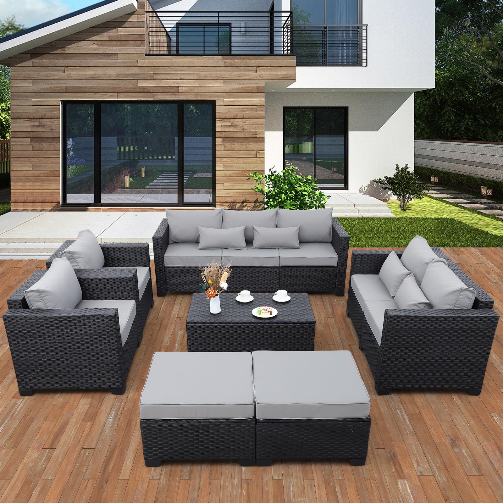 Rattaner Patio Furniture Sets 7 Pieces Outdoor Furniture Sectional Patio Couches Set with Storage Table Light Grey Cushions - CookCave