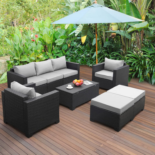 Rattaner Patio Wicker Furniture Set 6 Pieces Outdoor HDPE Wicker Conversation Couch Sectional Chair Sofa Set with Grey Cushions - CookCave