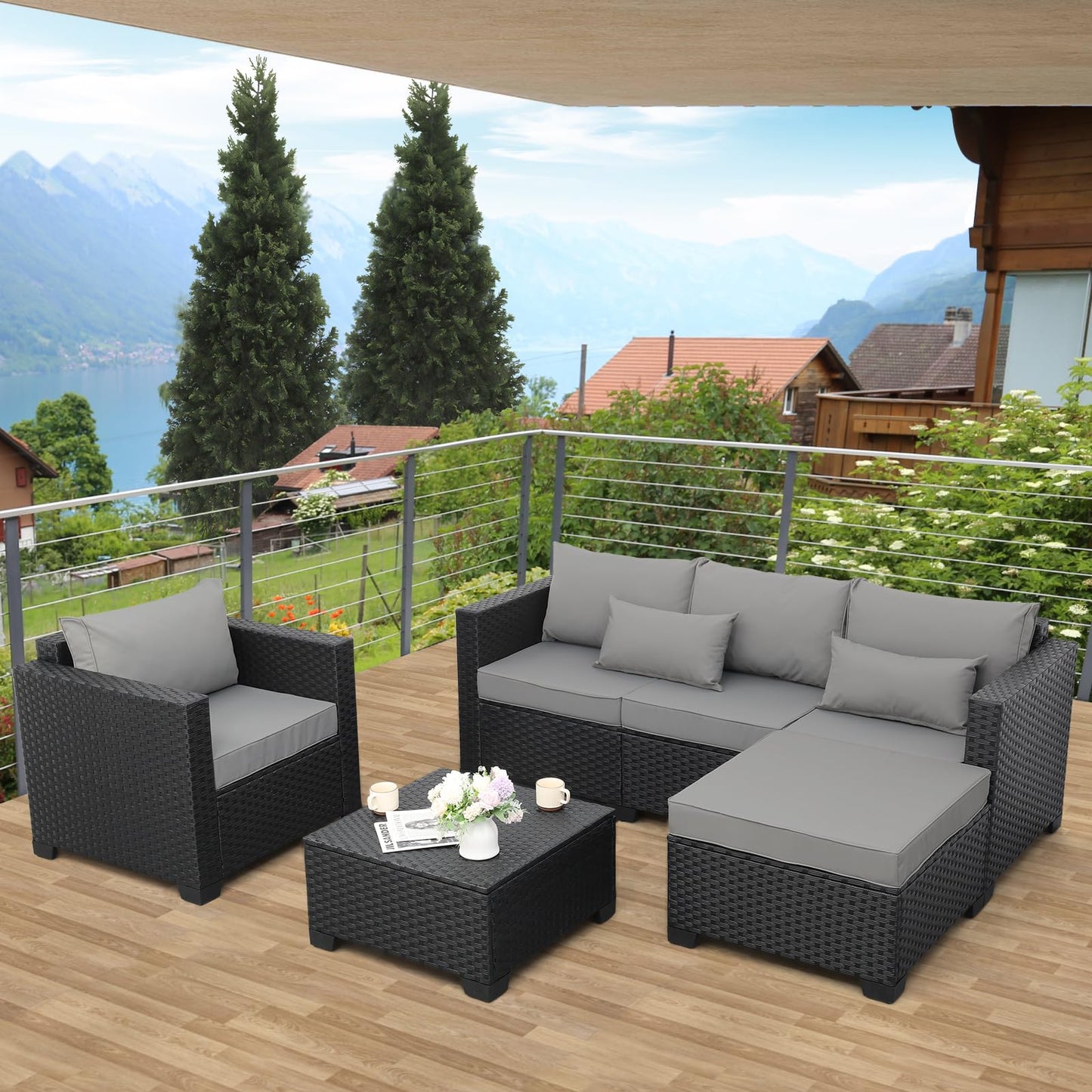 Rattaner Wicker Patio Furniture Outdoor Couch 4 Pcs Patio Furniture Set Outdoor Sectional with Patio Single Chair Outdoor Storage Table All-Weather Non-Slip Cushions Waterproof Covers, Light Grey - CookCave