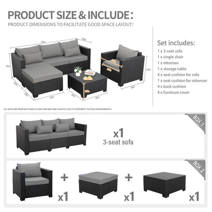 Rattaner Wicker Patio Furniture Outdoor Couch 4 Pcs Patio Furniture Set Outdoor Sectional with Patio Single Chair Outdoor Storage Table All-Weather Non-Slip Cushions Waterproof Covers, Light Grey - CookCave