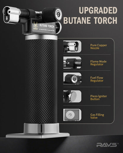 RAVS Butane Torch Lighter, DUAL Flame Mode Kitchen Torch, Refillable Cooking Torch Gun, Creme Brulee Torch Lighter, Blow Torch for Cooking, Welding, Mini Torch Soldering Torch, Butane is Not Included - CookCave