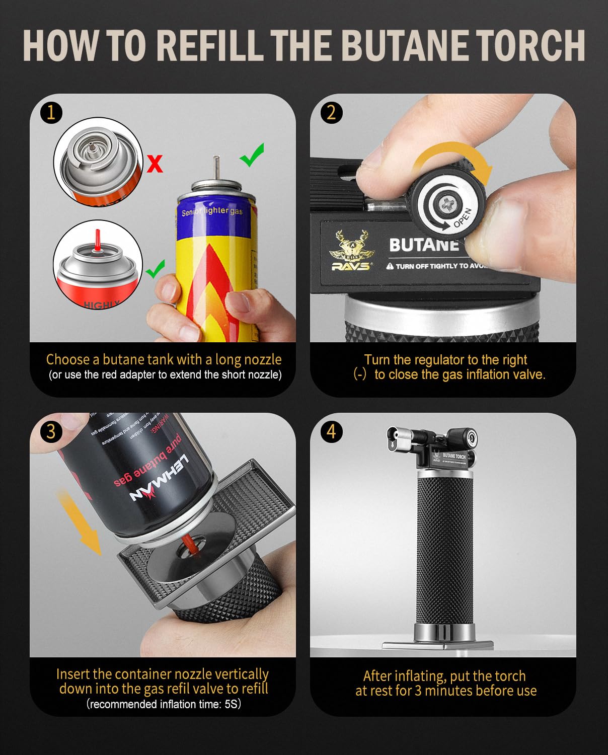 RAVS Butane Torch Lighter, DUAL Flame Mode Kitchen Torch, Refillable Cooking Torch Gun, Creme Brulee Torch Lighter, Blow Torch for Cooking, Welding, Mini Torch Soldering Torch, Butane is Not Included - CookCave