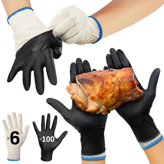 Raxwell BBQ Gloves - 6 Heat Resistant Cotton Liners + 100 Nitrile Food Prep Gloves for Barbecue Smoker, Cooking & Hot Food - Size Large - BBQ Accessories - Grilling Accessories - CookCave