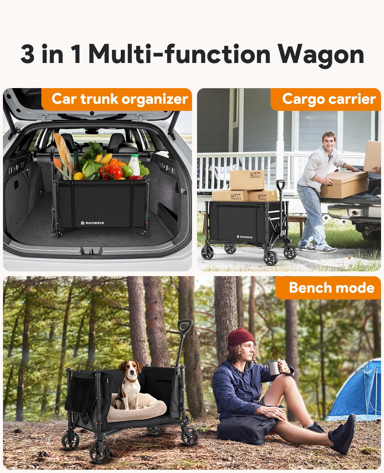 Raynesys 3 in 1 Collapsible Wagon Converts to Bench, 220lbs Foldable Wagon Cart with Wheels, 120L Shopping Cart for Groceries Folding Utility Wagon for Beach, Garden, Camping, Sport, Black - CookCave