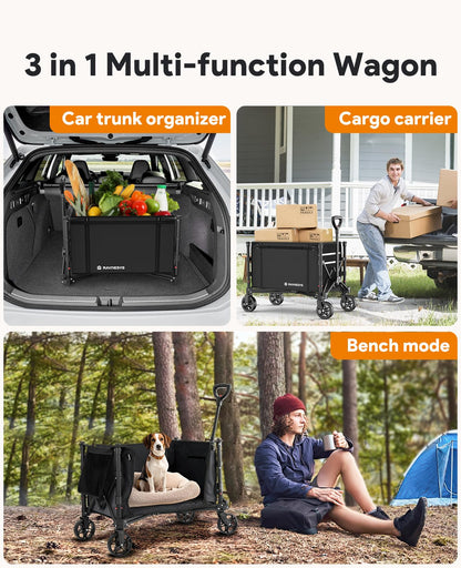 Raynesys 3 in 1 Collapsible Wagon Converts to Bench, 220lbs Foldable Wagon Cart with Wheels, 120L Shopping Cart for Groceries Folding Utility Wagon for Beach, Garden, Camping, Sport, Black - CookCave