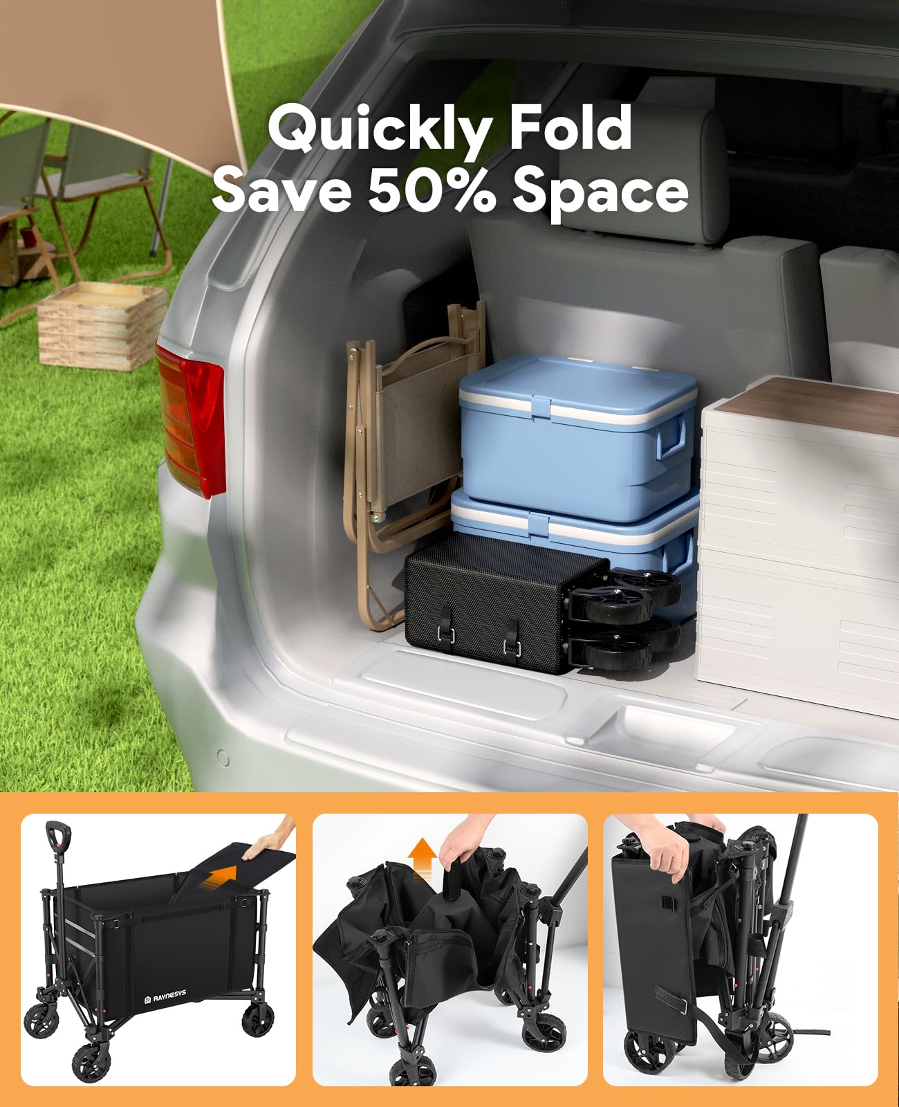 Raynesys 3 in 1 Collapsible Wagon Converts to Bench, 220lbs Foldable Wagon Cart with Wheels, 120L Shopping Cart for Groceries Folding Utility Wagon for Beach, Garden, Camping, Sport, Black - CookCave