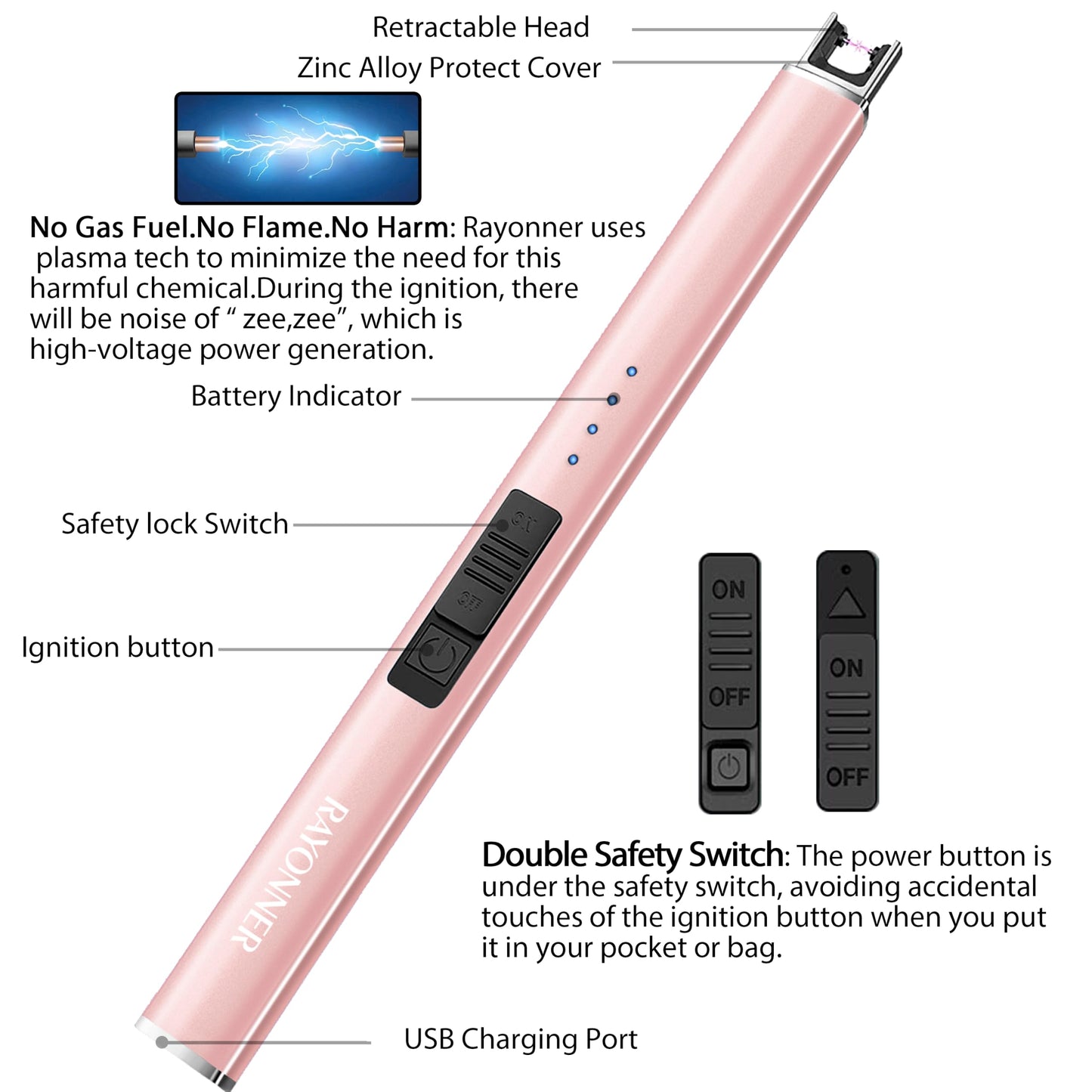 RAYONNER Lighter Electric Candle Lighters Rechargeable USB Lighter Arc Lighters for Candle Camping (1Pack, Rose Gold) - CookCave