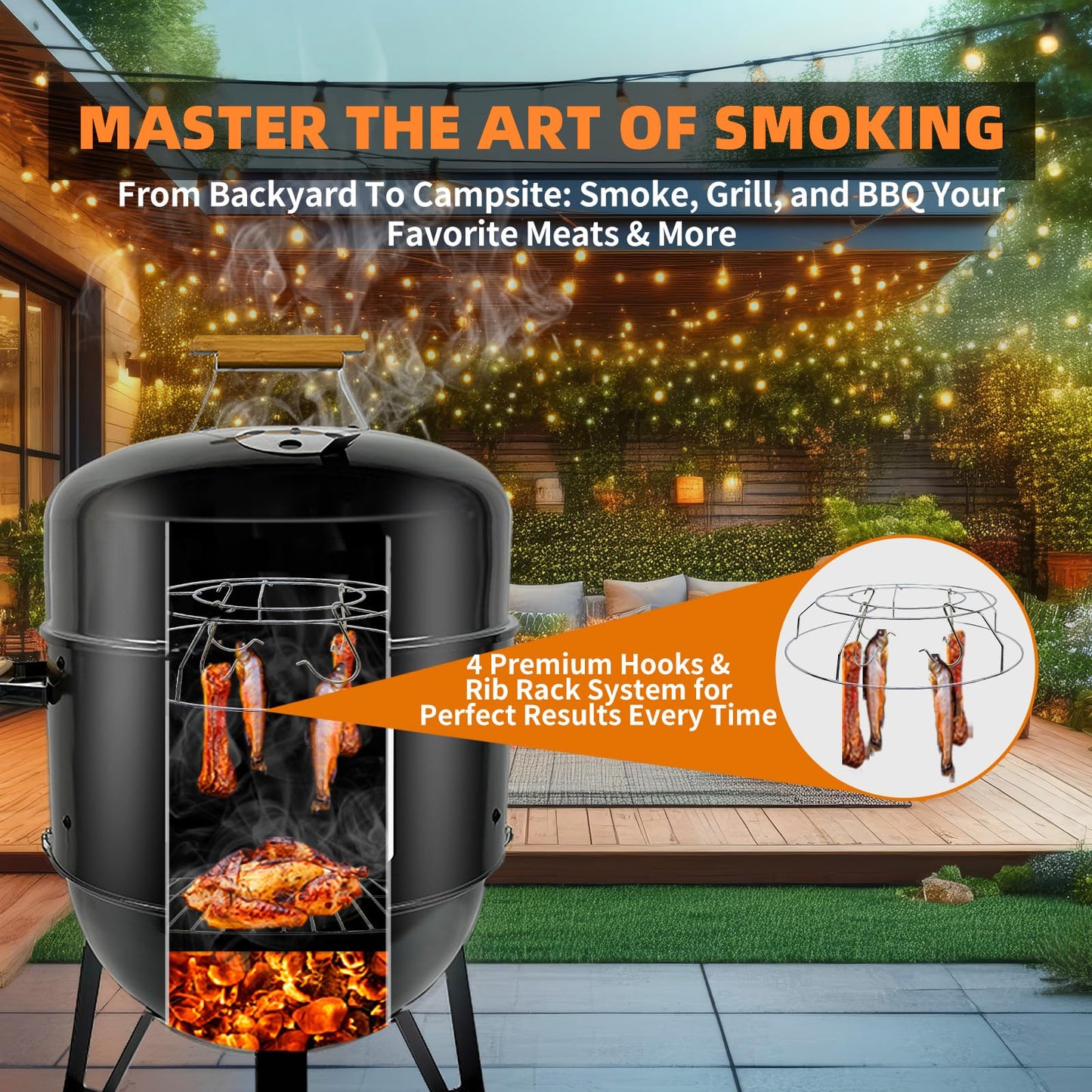 Realcook BBQ Charcoal Smoker Grill: Heavy Duty 17 Inch Vertical Meat Smokers - Porcelain-Enameled Charcoal Grill Smoker Combo for Outdoor Cooking Backyard Picnic Party Grilling - CookCave