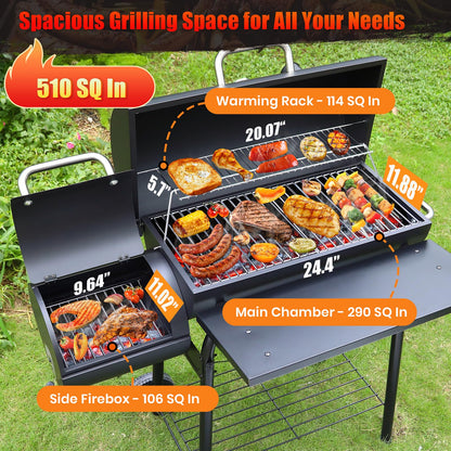 Realcook Charcoal Grills with Offest Smokers: Spacious Barrel Charcoal BBQ Grill | Barbecue Smoker Grill Combo for Outdoor Backyard Patio Camping Picnic and Party - CookCave
