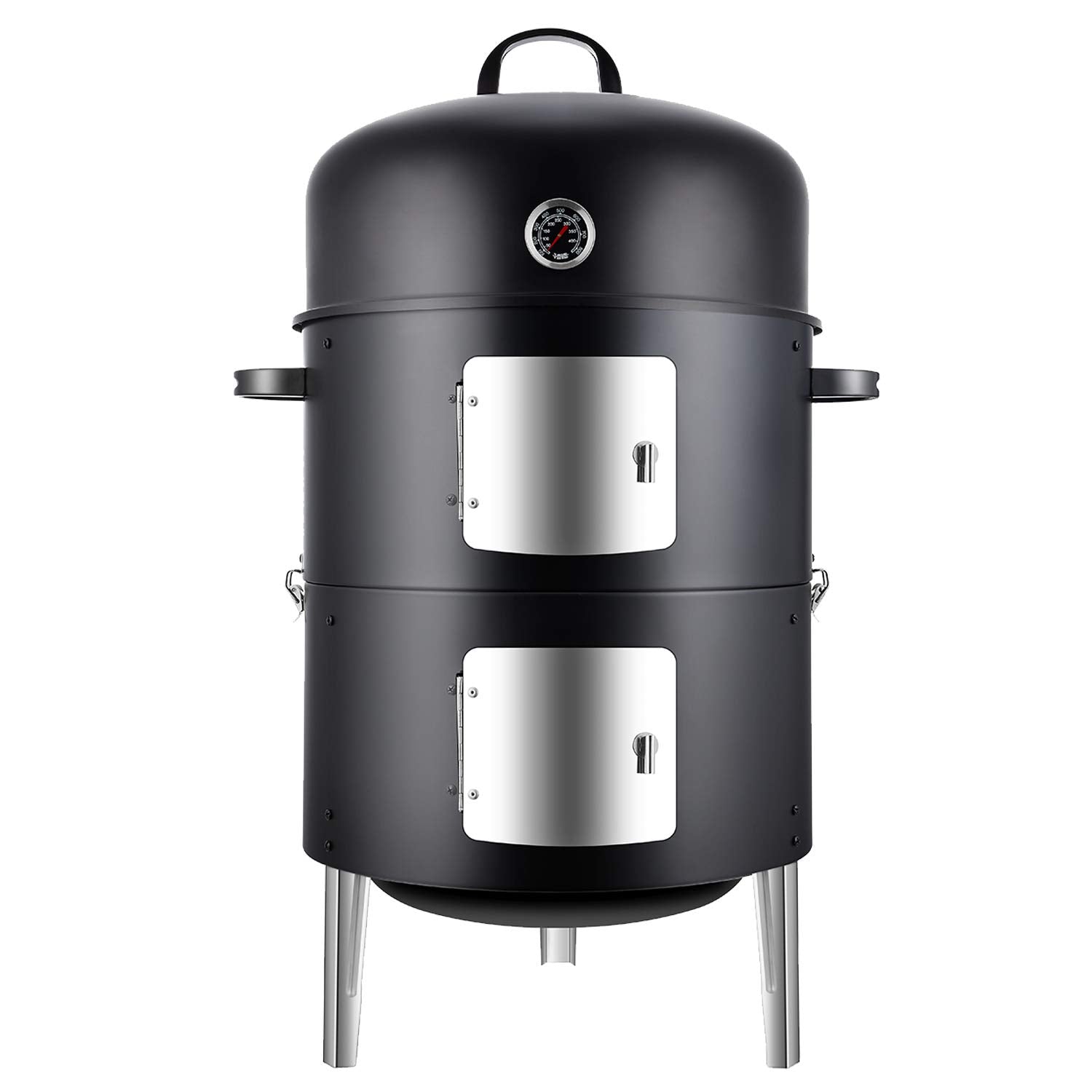Realcook Vertical 17 Inch Steel Charcoal Smoker, Heavy Duty Round BBQ Grill for Outdoor Cooking, Black - CookCave