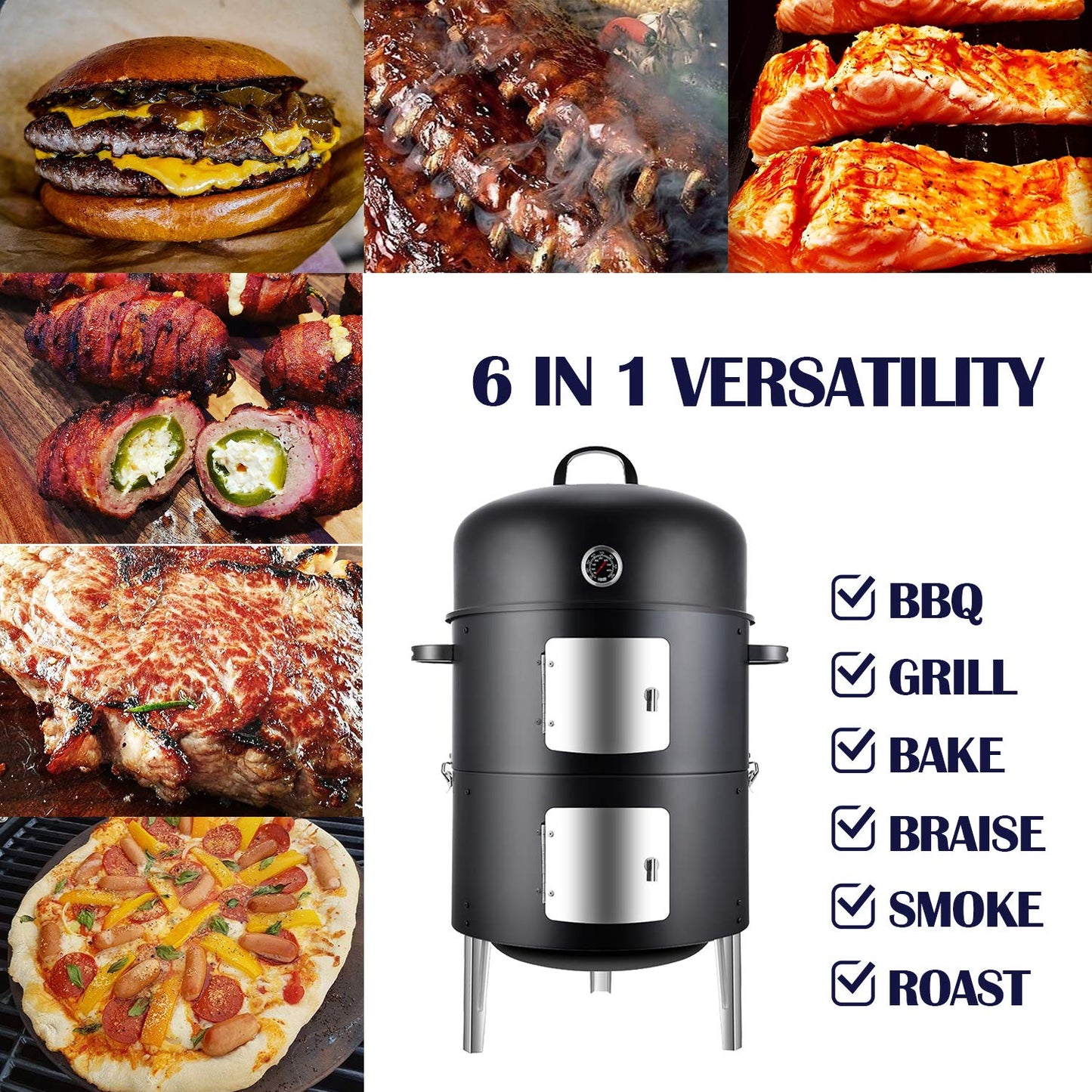 Realcook Vertical 17 Inch Steel Charcoal Smoker, Heavy Duty Round BBQ Grill for Outdoor Cooking, Black - CookCave