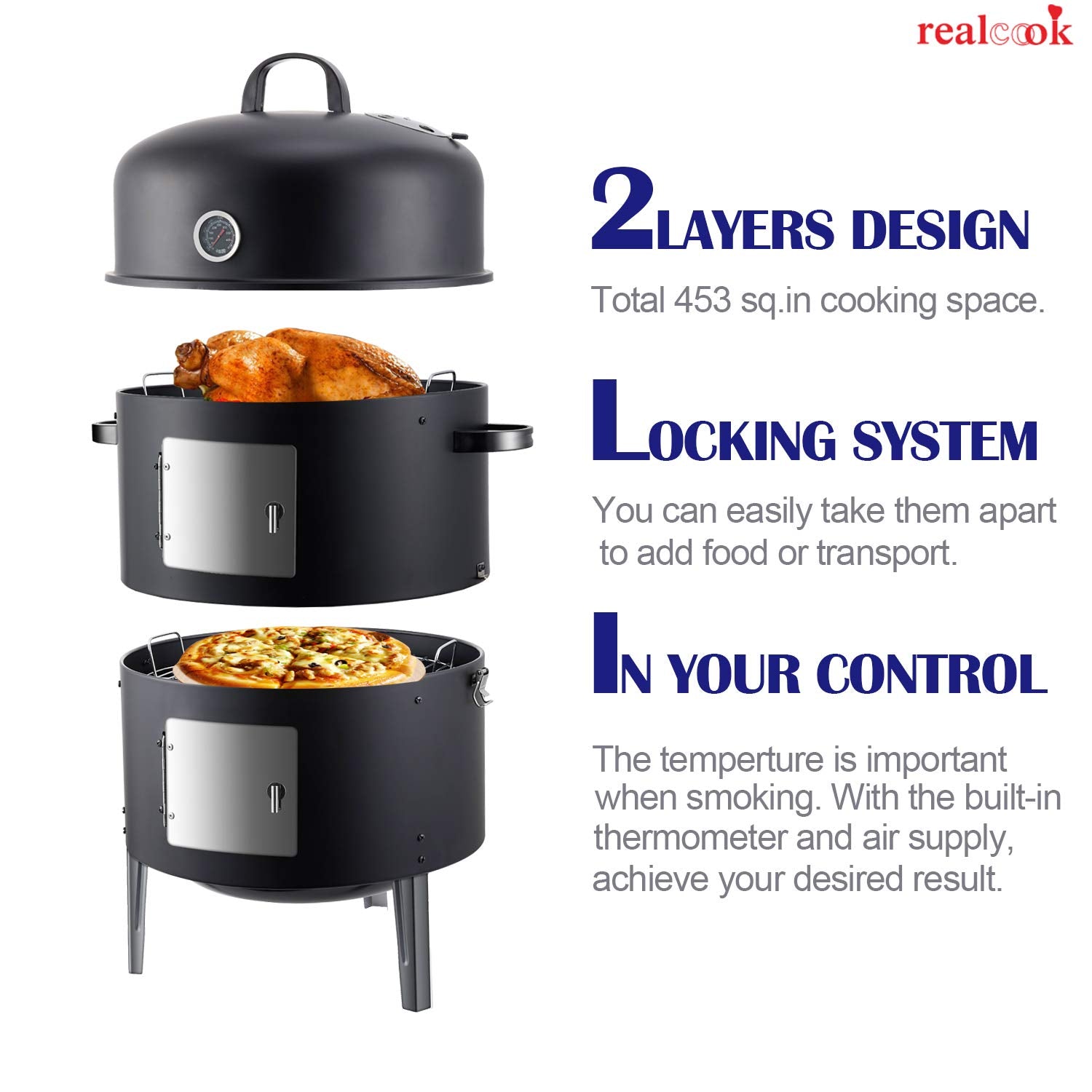 Realcook Vertical 17 Inch Steel Charcoal Smoker, Heavy Duty Round BBQ Grill for Outdoor Cooking, Black - CookCave