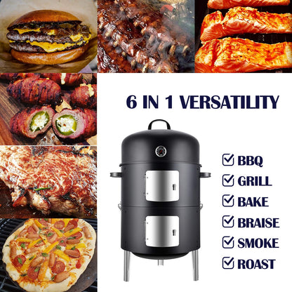 Realcook Vertical 17 Inch Steel Charcoal Smoker, Heavy Duty Round BBQ Grill for Outdoor Cooking, Black - CookCave