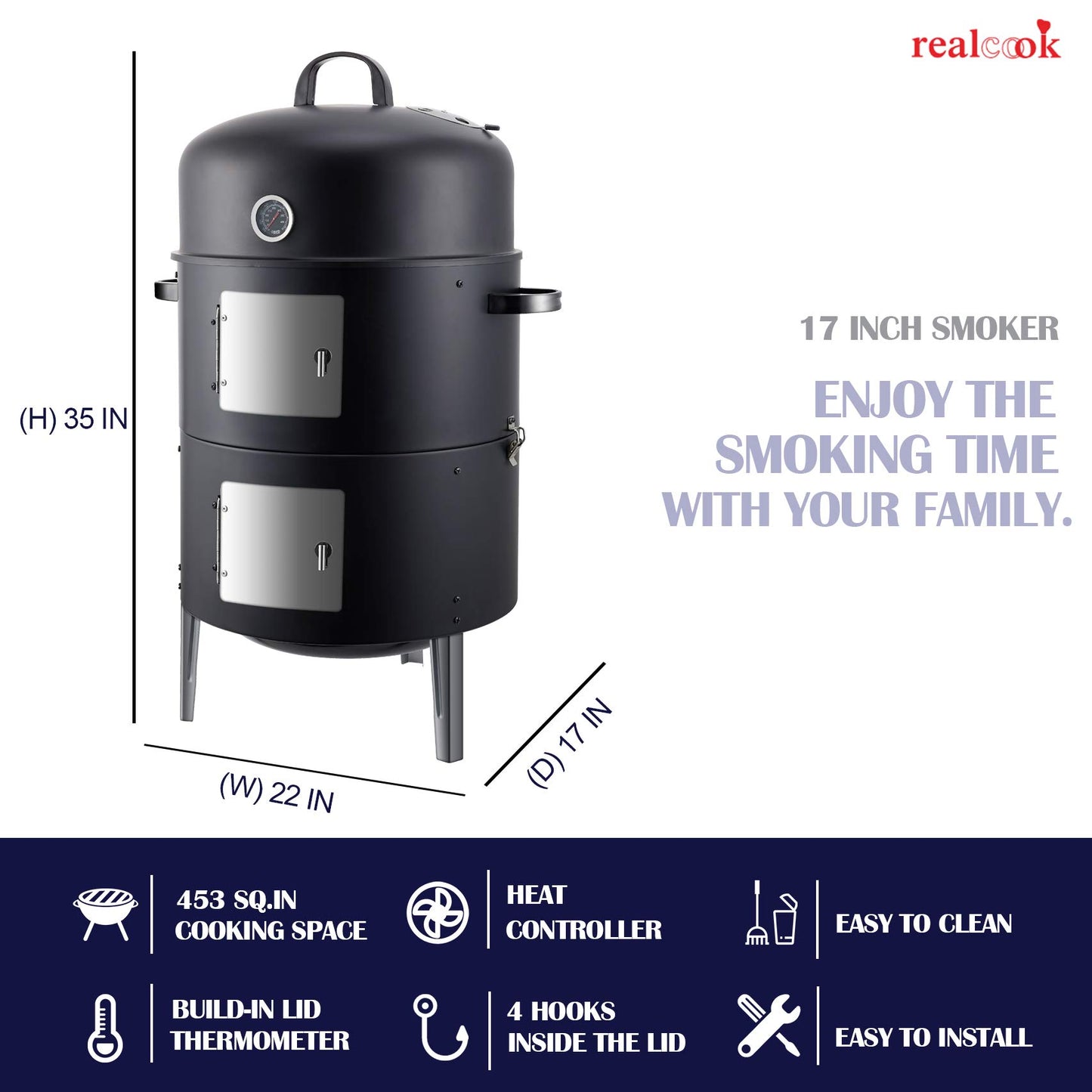 Realcook Vertical 17 Inch Steel Charcoal Smoker, Heavy Duty Round BBQ Grill for Outdoor Cooking, Black - CookCave