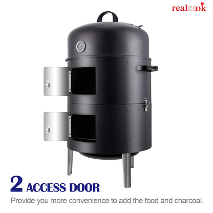 Realcook Vertical 17 Inch Steel Charcoal Smoker, Heavy Duty Round BBQ Grill for Outdoor Cooking, Black - CookCave