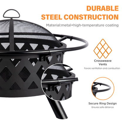 Red Mountain Valley 30'' Outdoor Wood Burning Fire Pit, 2-in-1 Large Round Fire Pit for Outside, Outdoor Fireplaces with Spark Screen, Fire Poker, Cover, Ideal for Patio, Backyard, Camping, Picnic - CookCave