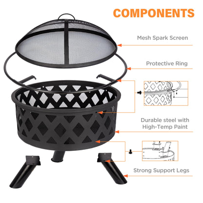 Red Mountain Valley 30'' Outdoor Wood Burning Fire Pit, 2-in-1 Large Round Fire Pit for Outside, Outdoor Fireplaces with Spark Screen, Fire Poker, Cover, Ideal for Patio, Backyard, Camping, Picnic - CookCave