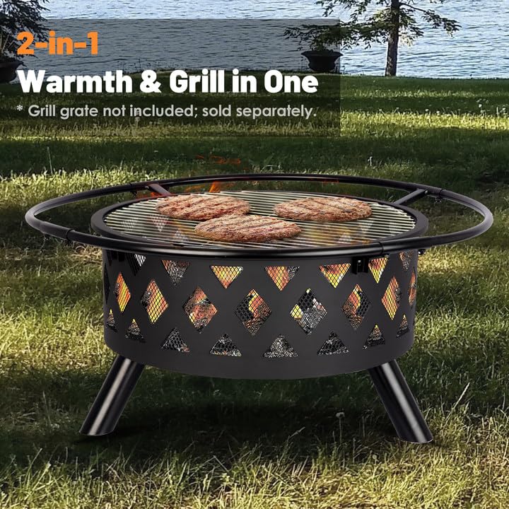 Red Mountain Valley 30'' Outdoor Wood Burning Fire Pit, 2-in-1 Large Round Fire Pit for Outside, Outdoor Fireplaces with Spark Screen, Fire Poker, Cover, Ideal for Patio, Backyard, Camping, Picnic - CookCave