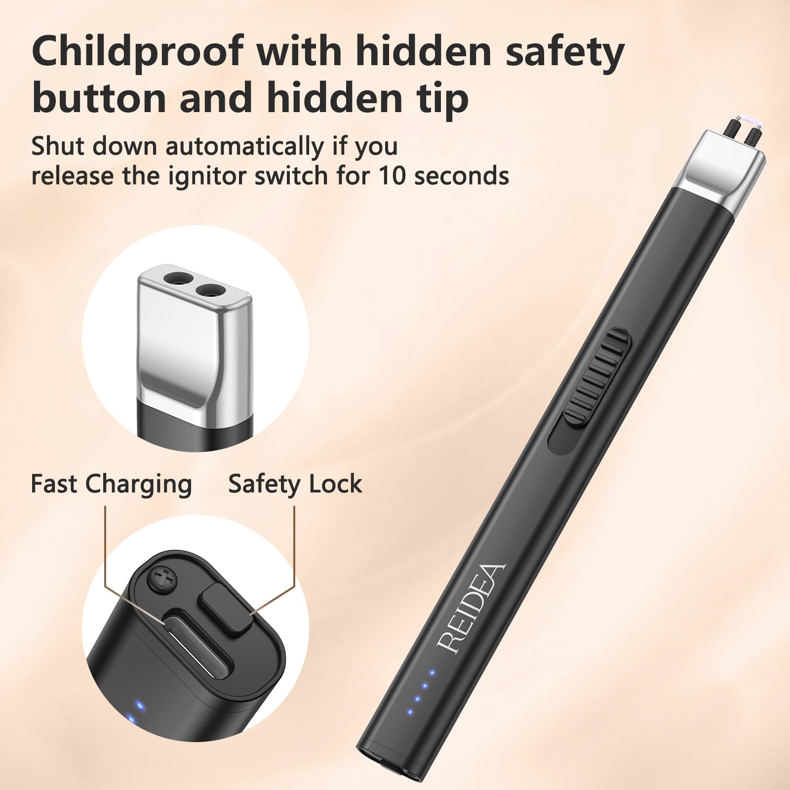 REIDEA Electric Candle Lighter, Windproof Flameless USB Rechargeable Arc Lighter with Safe Button and Power Indicator for Candle, BBQ and Fireworks, R1 Flat, Obsidian Black - CookCave