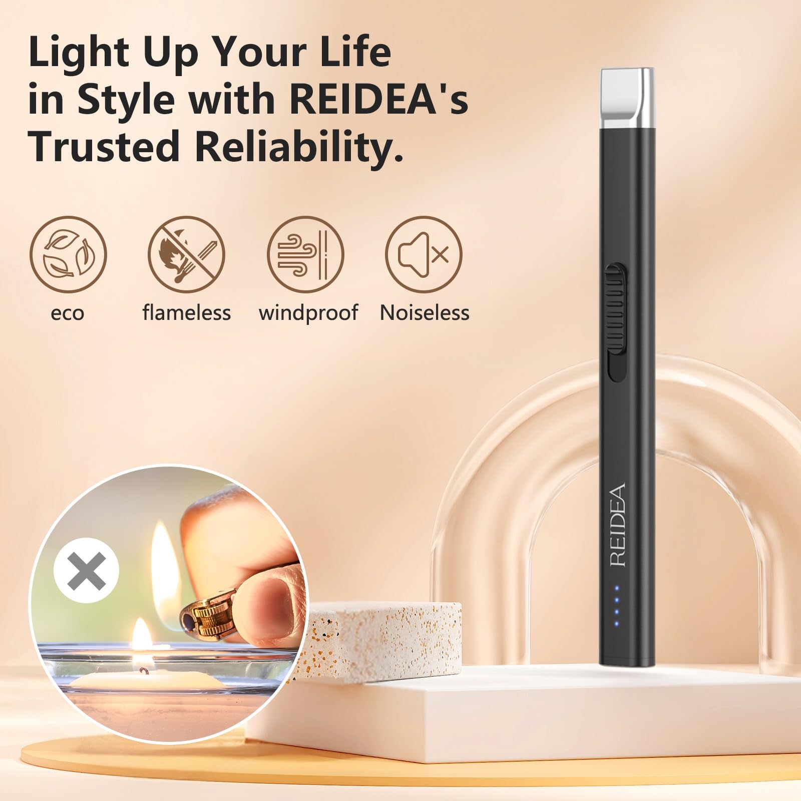 REIDEA Electric Candle Lighter, Windproof Flameless USB Rechargeable Arc Lighter with Safe Button and Power Indicator for Candle, BBQ and Fireworks, R1 Flat, Obsidian Black - CookCave