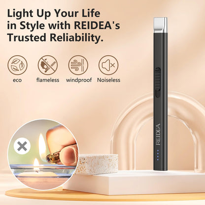 REIDEA Electric Candle Lighter, Windproof Flameless USB Rechargeable Arc Lighter with Safe Button and Power Indicator for Candle, BBQ and Fireworks, R1 Flat, Obsidian Black - CookCave