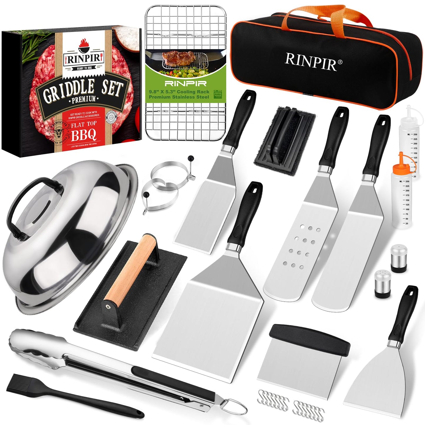 RINPIR 33PCS Griddle Accessories Kit for Blackstone, Flat Top Grill Accessories Tools with Cooling Rack, Melting Dome and Burger Press, Professional Hibachi Spatula Gift Set for Outdoor Teppanyaki BBQ - CookCave