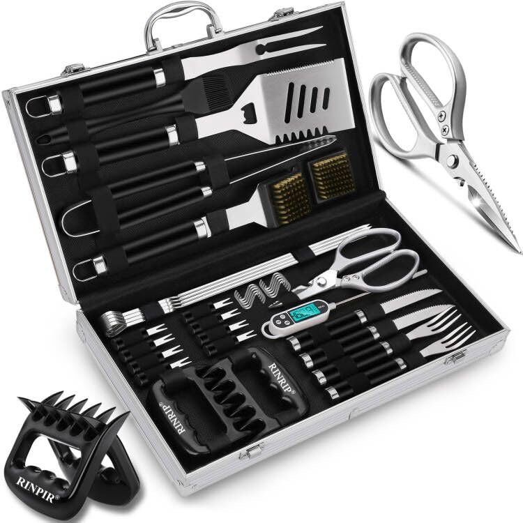 RINPIR 35pcs Deluxe Grilling Gifts Set for Birthday Fathers Day, Stainless Steel BBQ Accessories Kit for Men Dad, Professional Grill Tools Utensils with Scissors, Meat Claws in Aluminum Case Black - CookCave