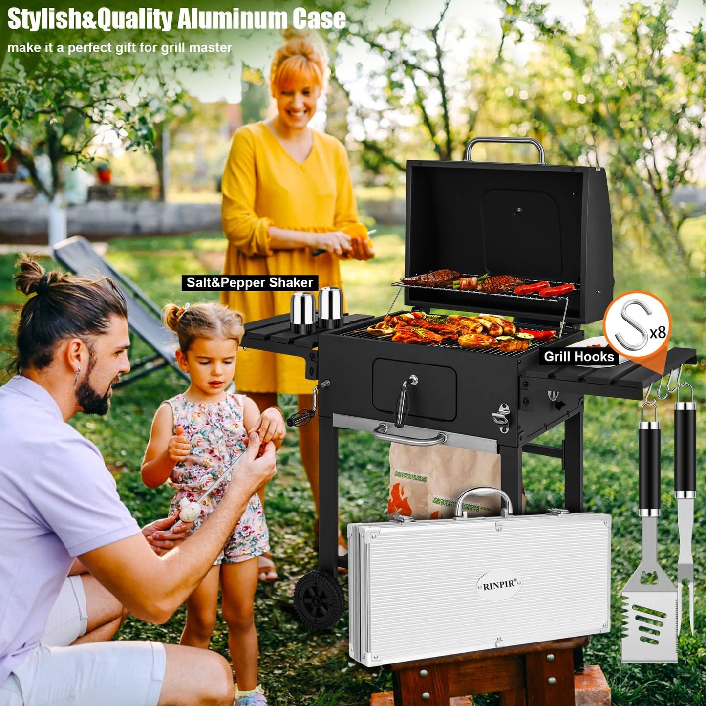 RINPIR 35pcs Deluxe Grilling Gifts Set for Birthday Fathers Day, Stainless Steel BBQ Accessories Kit for Men Dad, Professional Grill Tools Utensils with Scissors, Meat Claws in Aluminum Case Black - CookCave