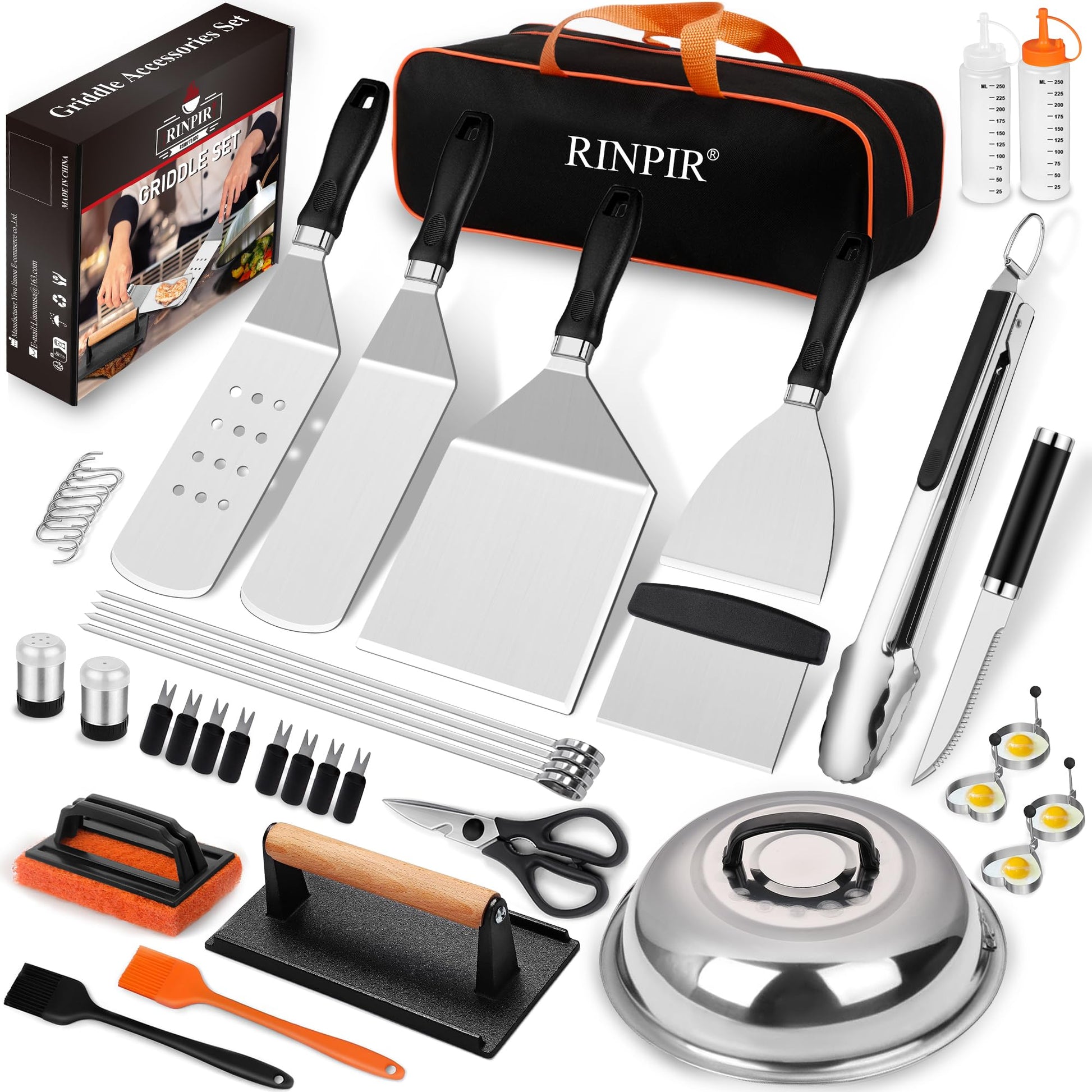 RINPIR 42pcs Griddle Accessories Kit for Blackstone, Flat Top Grill Spatula Set with Enlarged Spatulas, Melting Dome and Burger Press, Professional Hibachi Tools Gifts for Outdoor BBQ Teppanyaki - CookCave