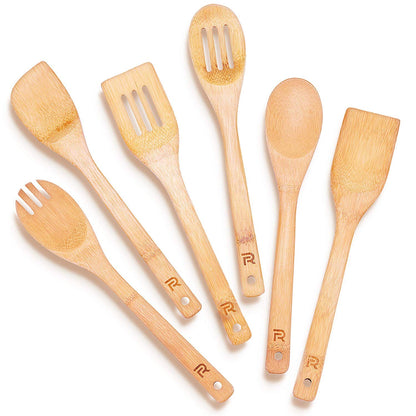 Riveira Bamboo Wooden Spoons for Cooking 6-Piece, Apartment Essentials Wood Spatula Spoon Nonstick Kitchen Utensil Set Premium Quality Housewarming Gifts for Everyday Use - CookCave