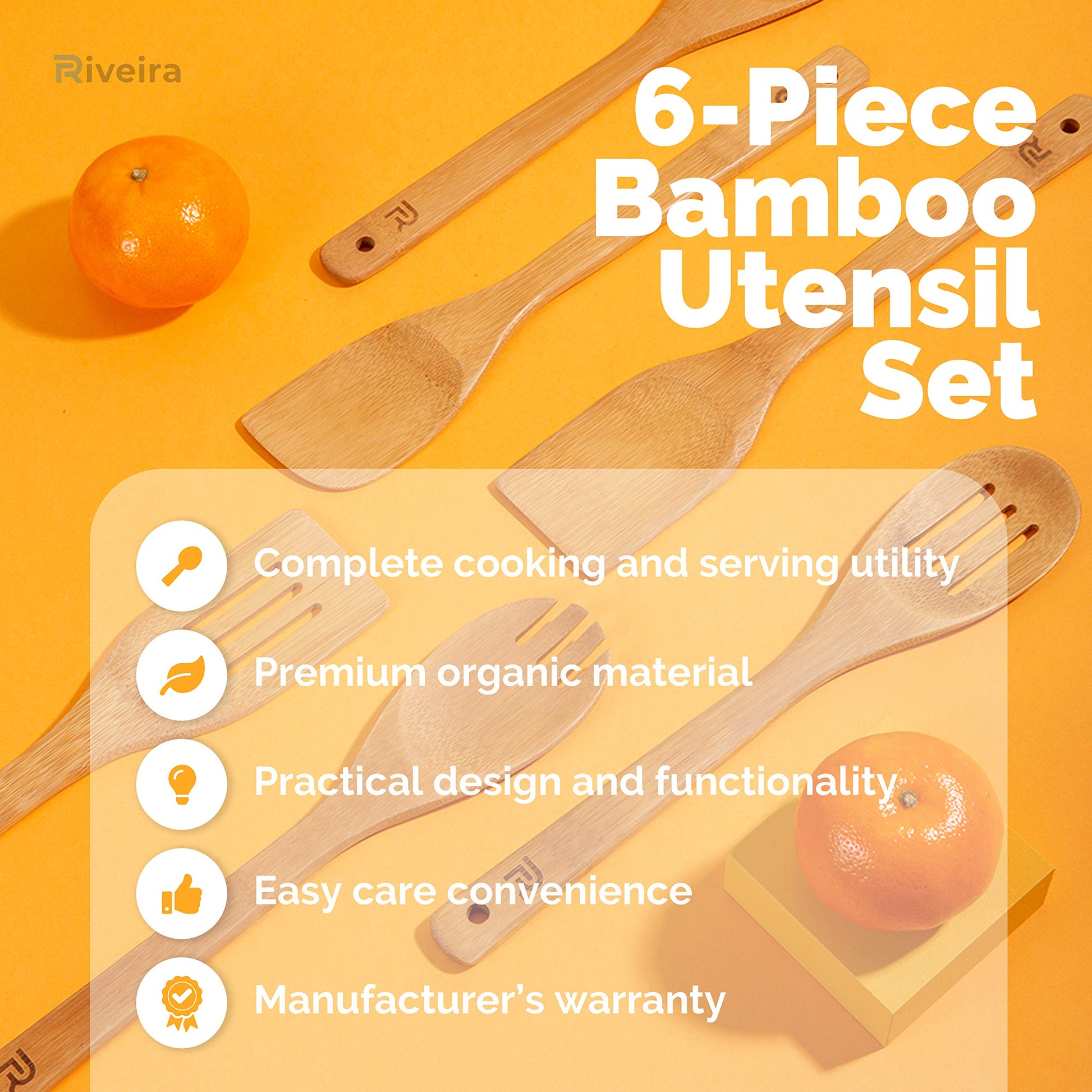 Riveira Bamboo Wooden Spoons for Cooking 6-Piece, Apartment Essentials Wood Spatula Spoon Nonstick Kitchen Utensil Set Premium Quality Housewarming Gifts for Everyday Use - CookCave