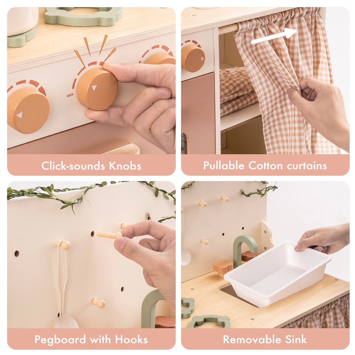 ROBOTIME Kids Play Kitchen Set - Rustic Wooden Kitchen Sets, Pretend Play Kitchen with Leaf Light String, Apron, and Groves, for Toddlers 3+ (Rustic Style) - CookCave