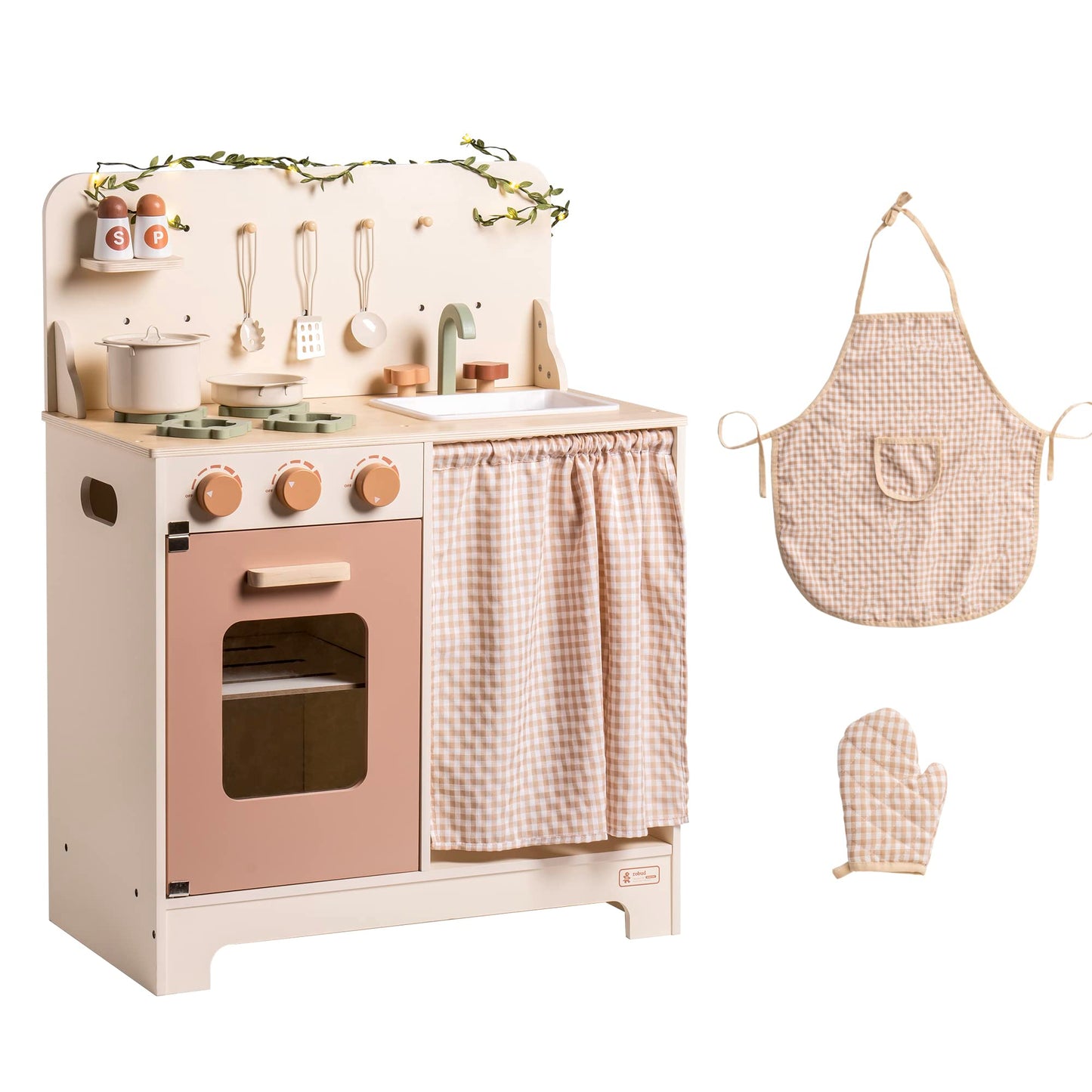 ROBOTIME Kids Play Kitchen Set - Rustic Wooden Kitchen Sets, Pretend Play Kitchen with Leaf Light String, Apron, and Groves, for Toddlers 3+ (Rustic Style) - CookCave